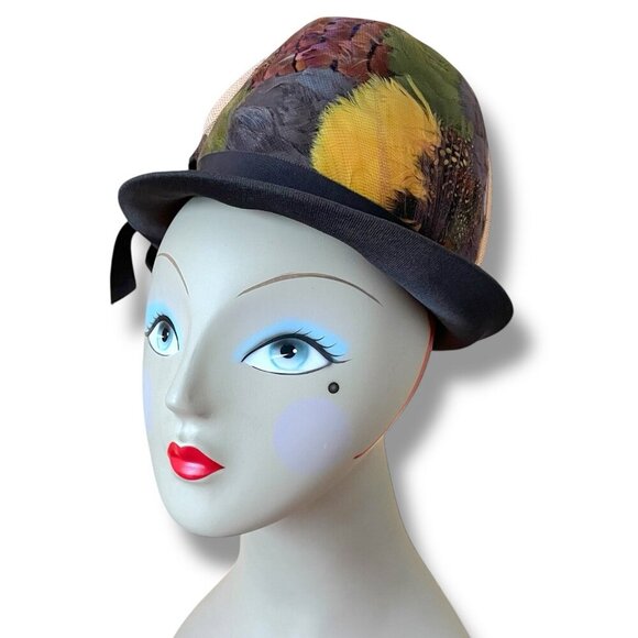 Vintage 1960s Womens Pheasant Feather Hat Angel Designs Brown Wool Dress Toque - Picture 9 of 16